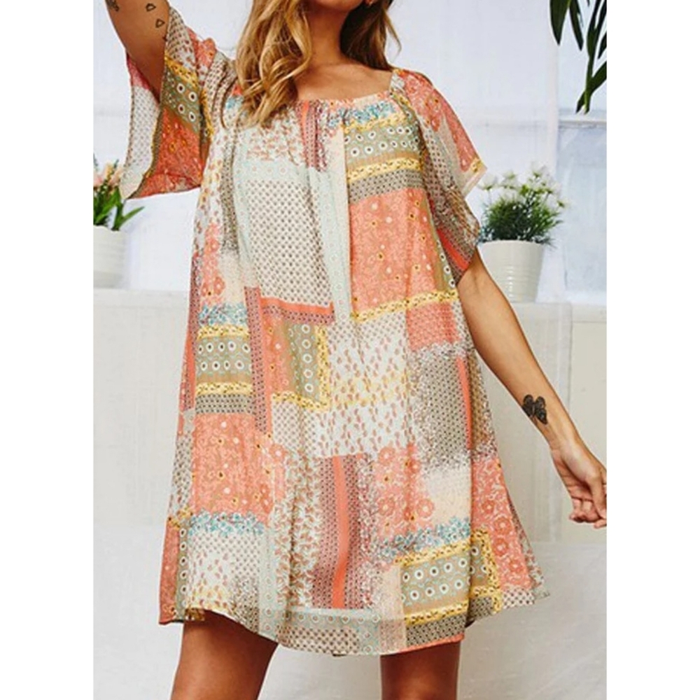 Coral & mint flowy boho patchwork off the shoulder flounce sleeve tunic dress